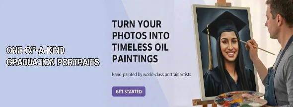 Custom graduation portrait service with an artist hand‑painting a graduate in cap and gown from a photo, showcasing one‑of‑a‑kind hand‑painted oil artwork.